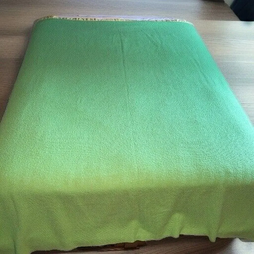 Vtg Lime Green Thermal Waffle Weave Blanket Full Queen 95x89‎ Yellow Satin Retro